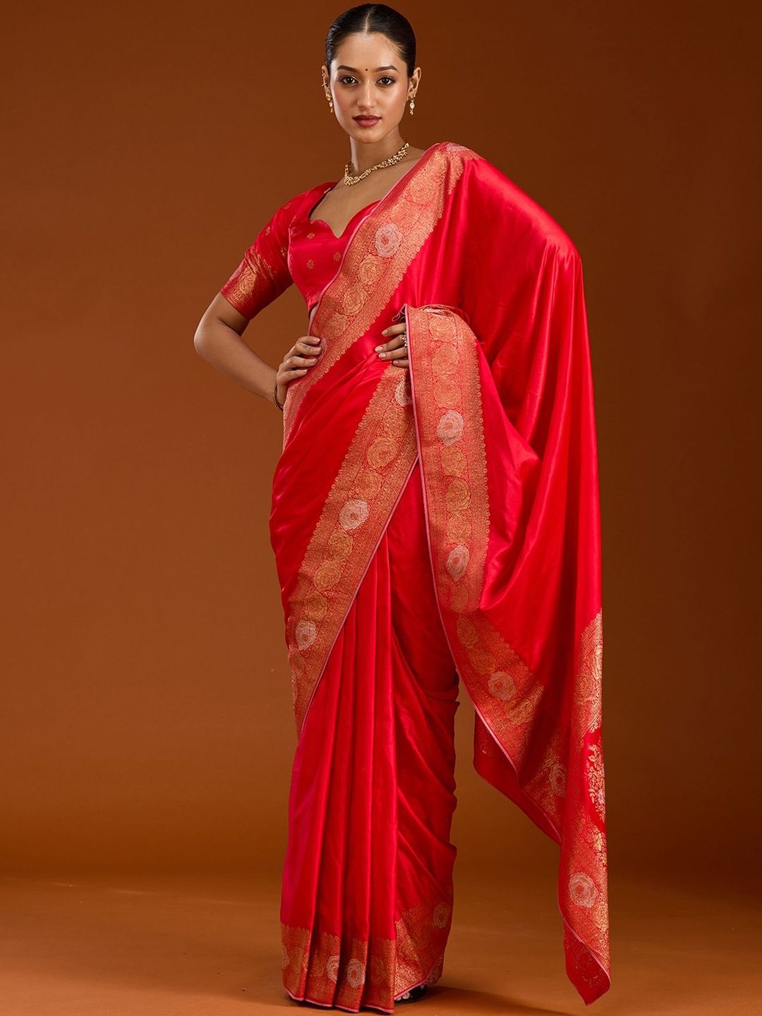 Koskii Women Zariwork Red Silk Saree With Unstitched Blouse-picture-41