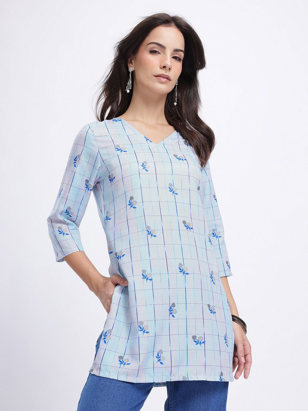 Anouk Rustic Floral Printed & Checked V-Neck Straight Kurti-picture-20