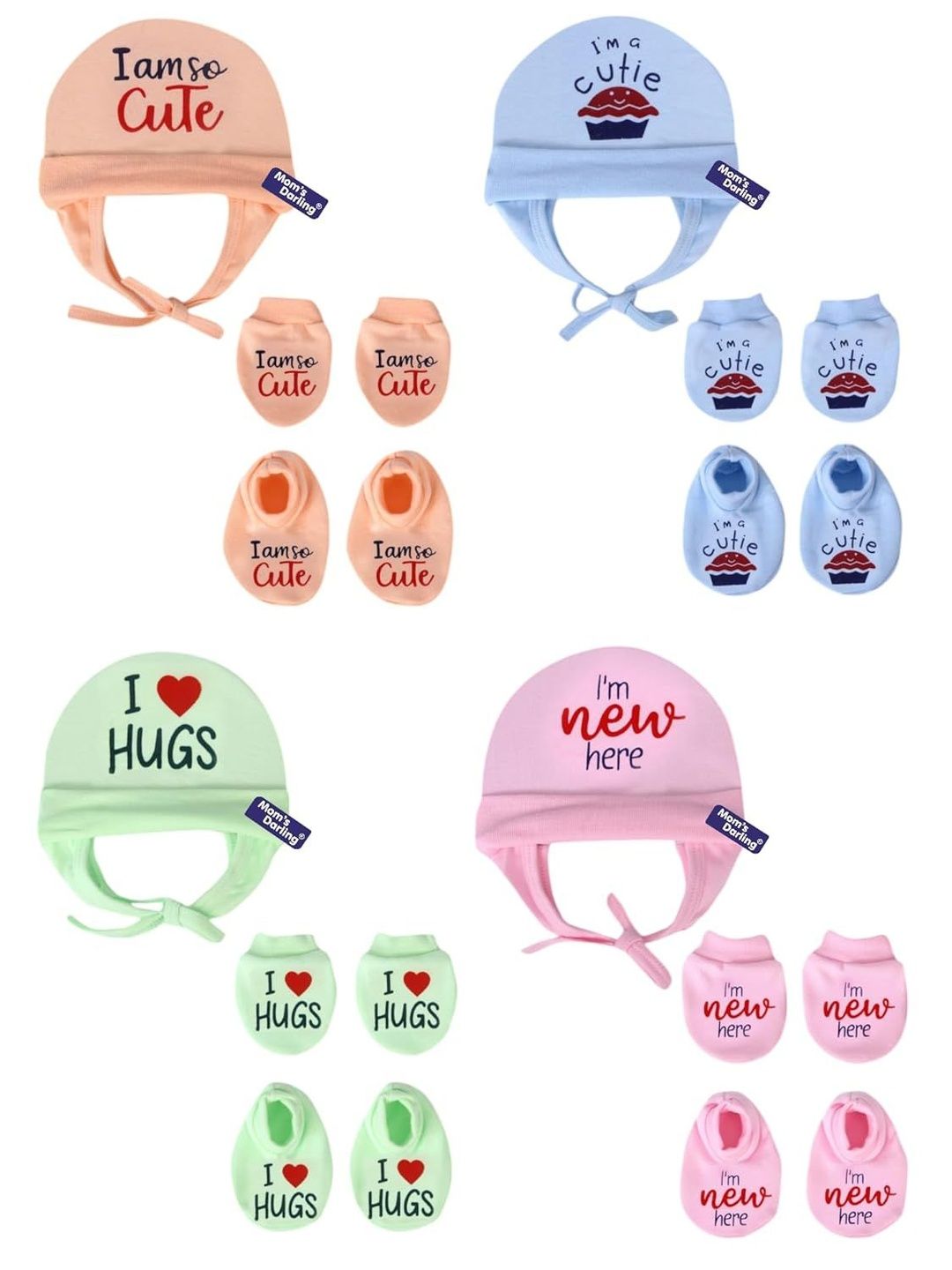 Mom's Darling Kids Pack of 4 Printed Cotton Beanie & Mittens With Booties-picture-18