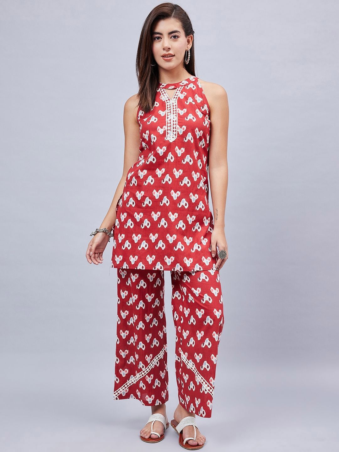 WineRed Printed Pure Cotton Halter Neck Tunic With Trousers-picture-12