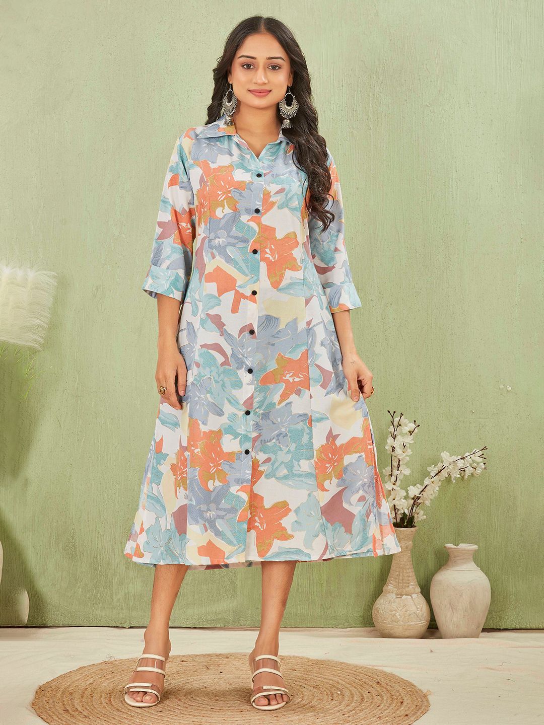 Kesudi Women Floral Printed Collared Shirt Midi Dress-picture-31