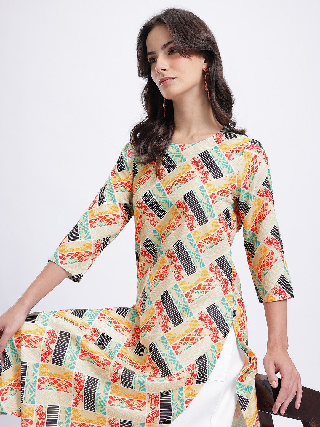 Anouk Rustic Geometric Printed Round Neck Straight Kurta-image-14
