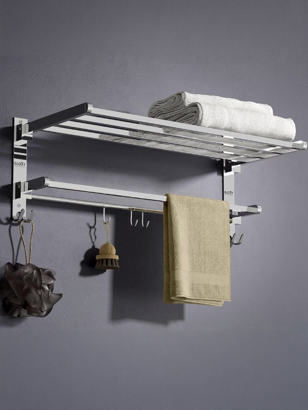 GLOXY Silver Toned Stainless Steel Adjustable Shelf Towel Holder-image-34