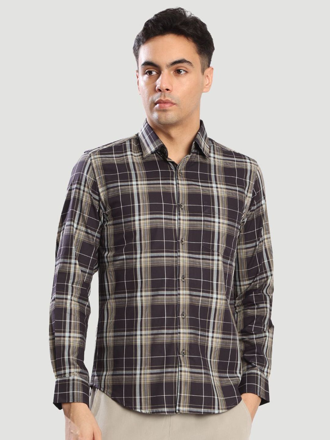 Bene Kleed Men Slim Fit Tartan Checked Spread Collar Cotton Casual Shirt-picture-12