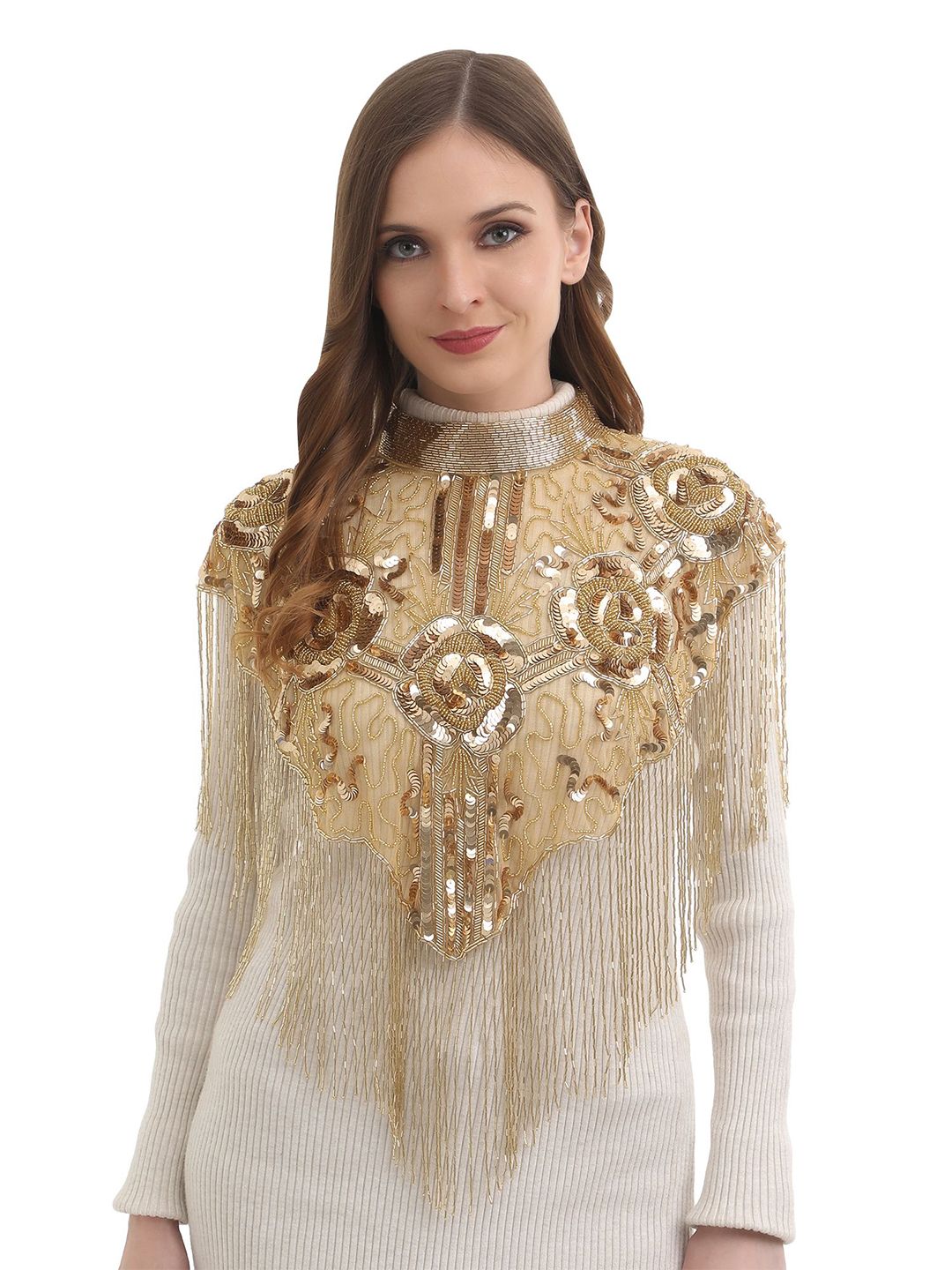 JEDCO Women Sequin Embroidered High Neck Cape Poncho Shrug-picture-42