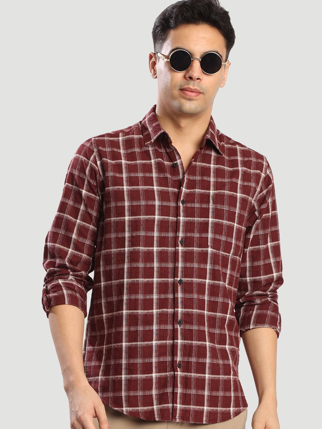 Bene Kleed Men Tartan Checked Spread Collar Cotton Casual Shirt-picture-18