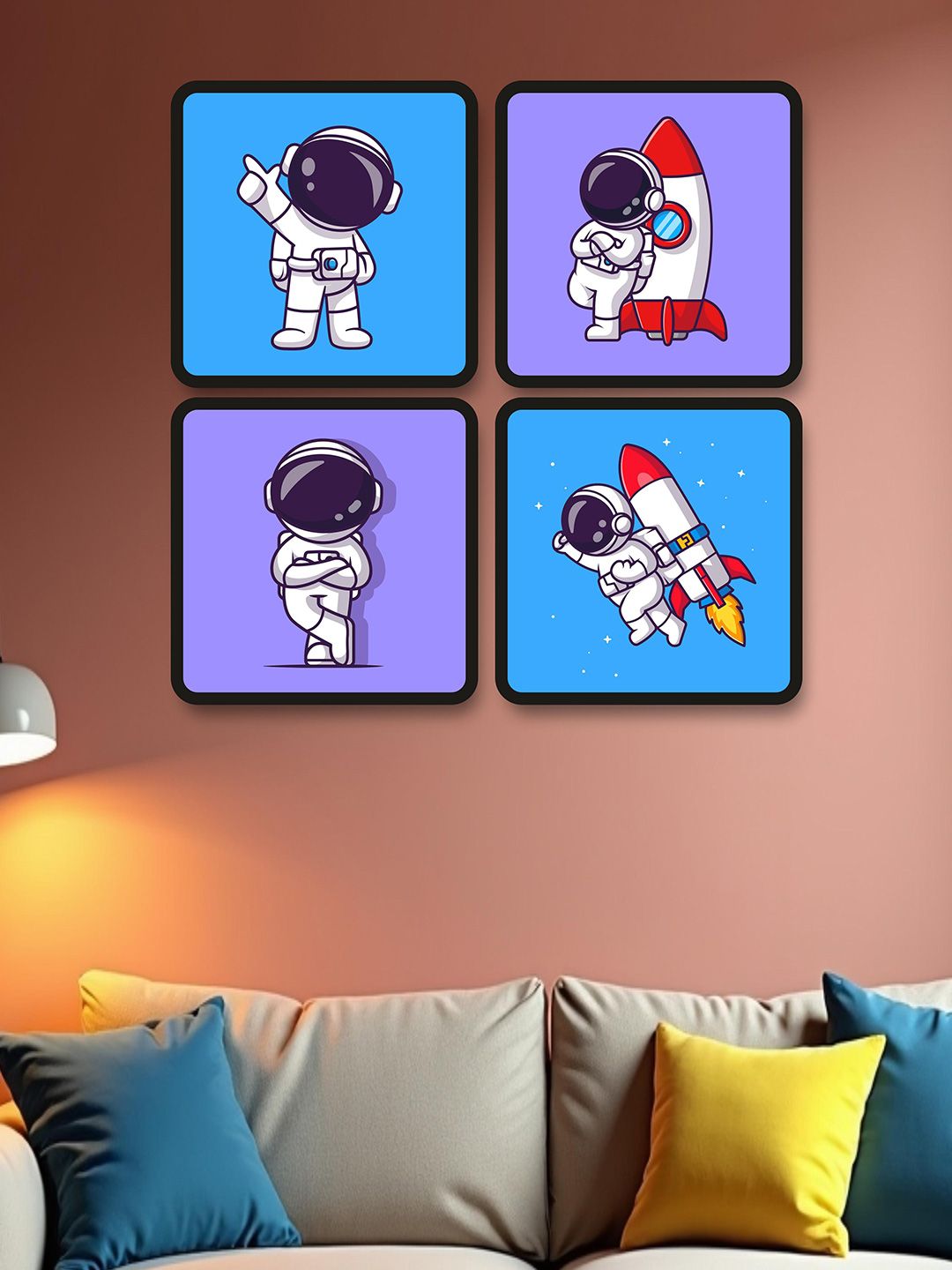 SAF Kids Purple & Blue 4 Pieces Little Astronaut Theme Framed Painting Wall Art-picture-33