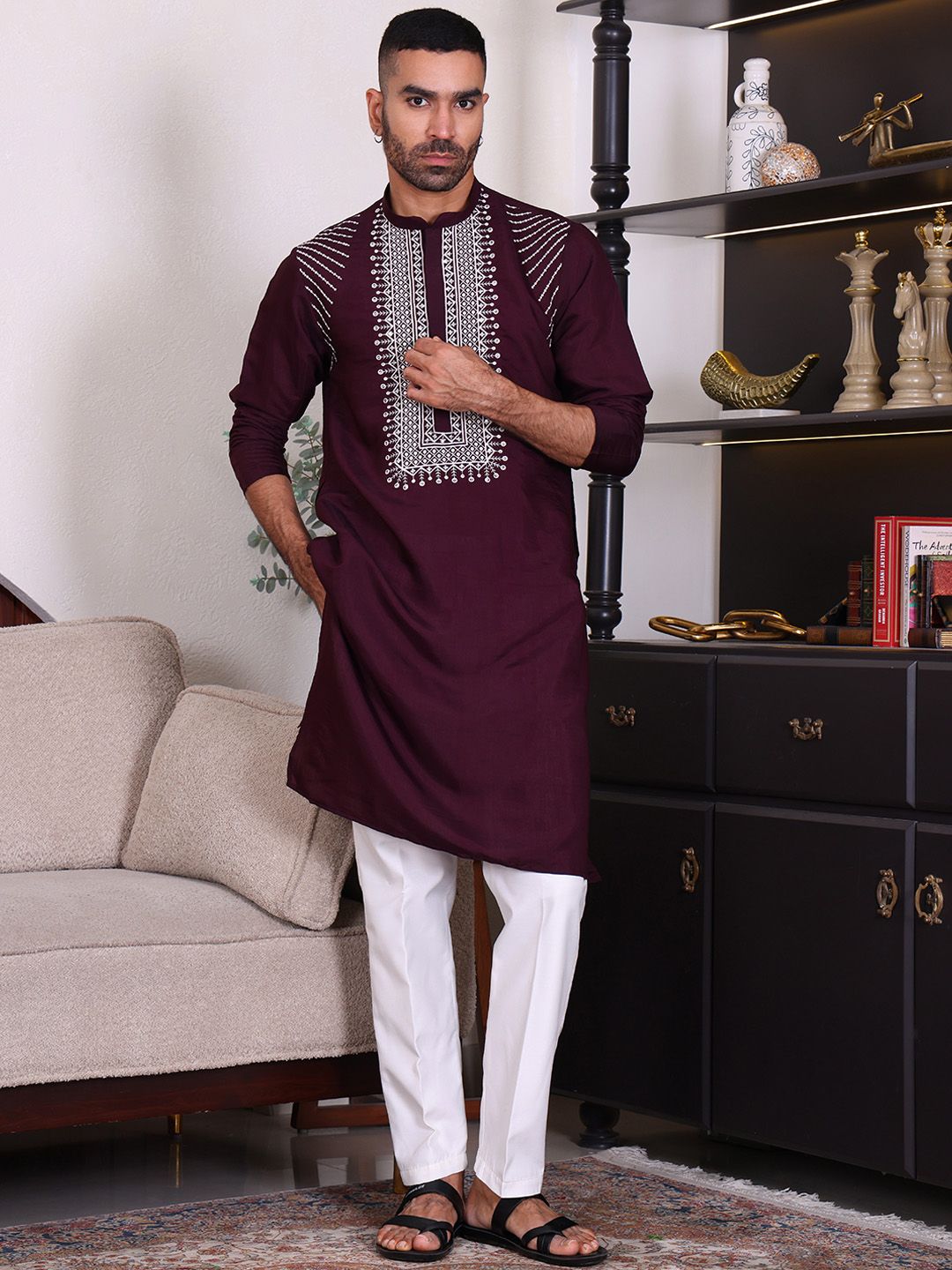 MANQ Men Geometric Embroidered Sequinned Festive Kurta-picture-54