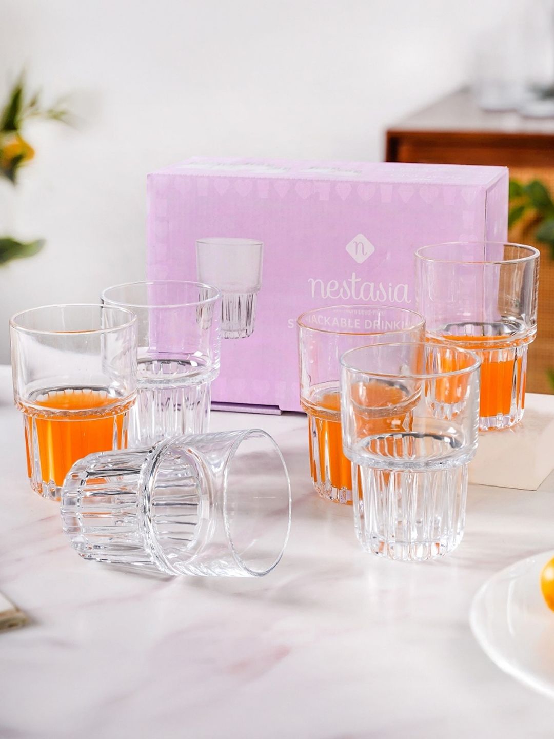 Nestasia Transparent 6 Pieces Glass Stackable Water Glasses-340 ml Each-picture-19