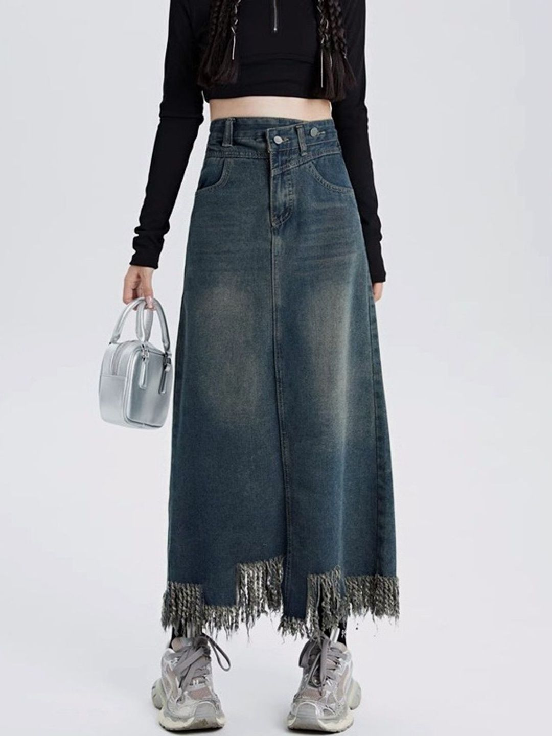 HERE&NOW Women Cotton A-Line Long Denim Skirt with Tassels