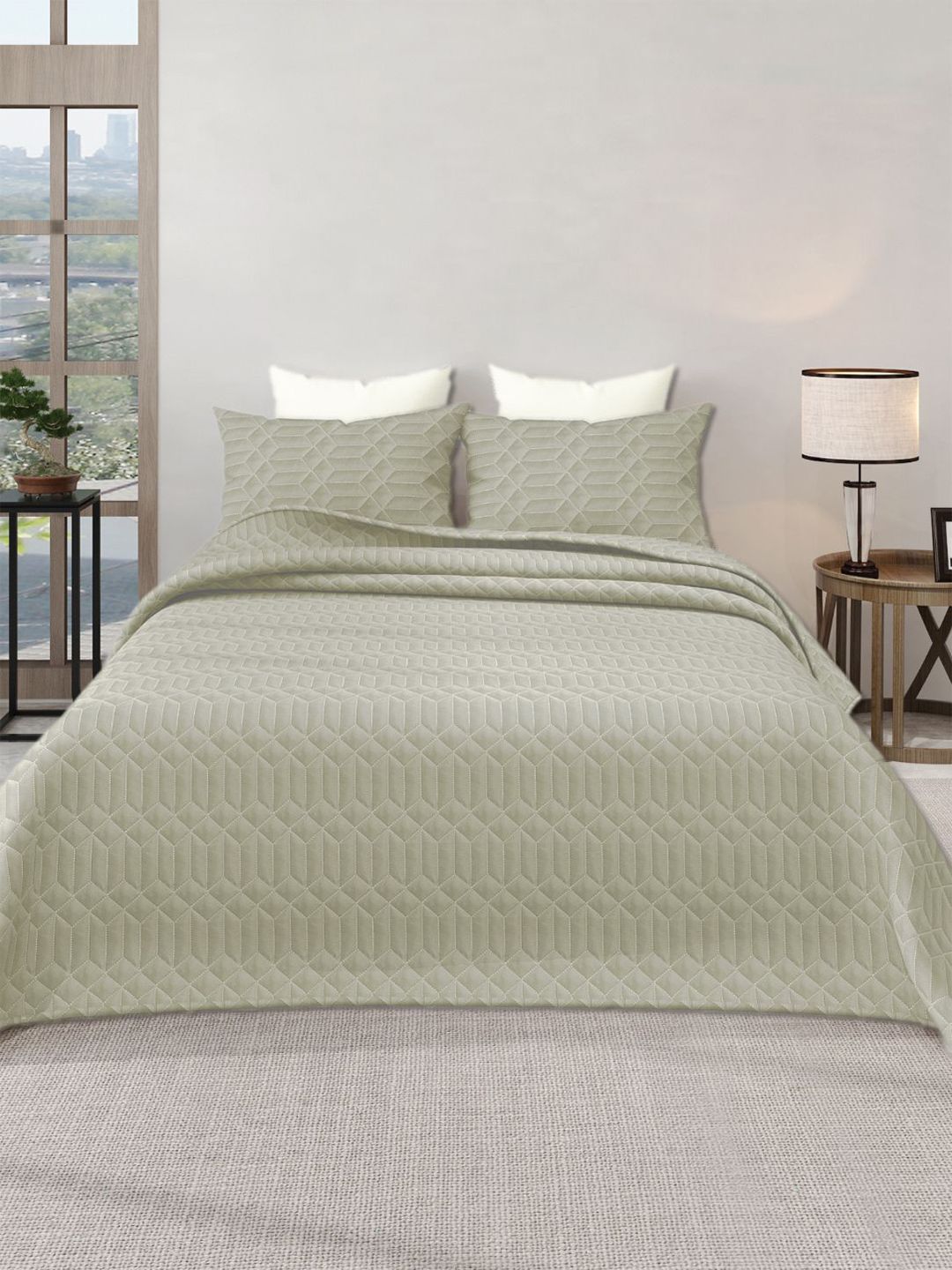 LABHAM Azure Cream-Colored Quilted 300 GSM Double King Bed Covers With 2 Pillow Covers-picture-24