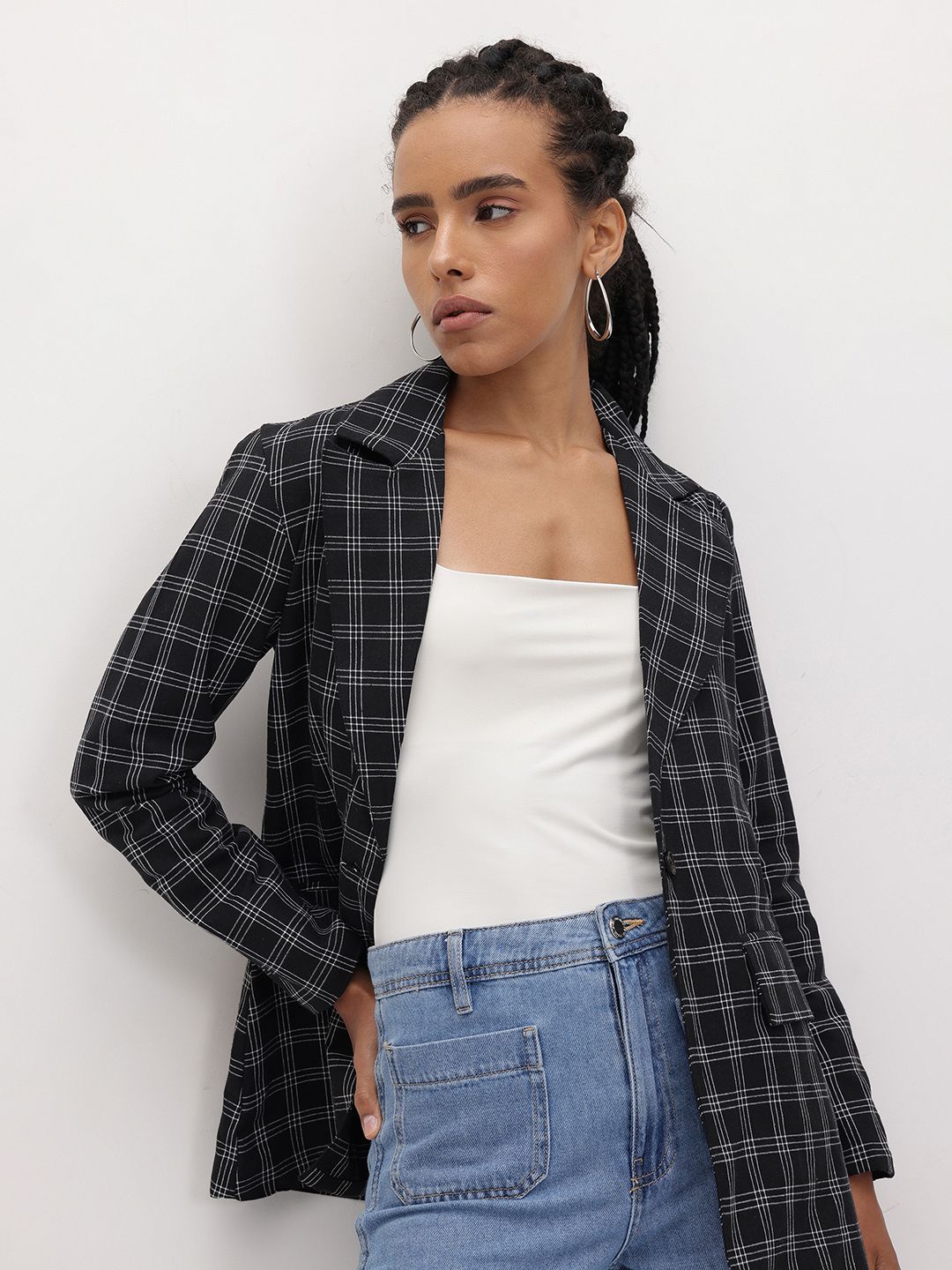 R.Code by The Roadster Life Co. Checked Notched Lapel Collar Single-Breasted Blazer-image-5