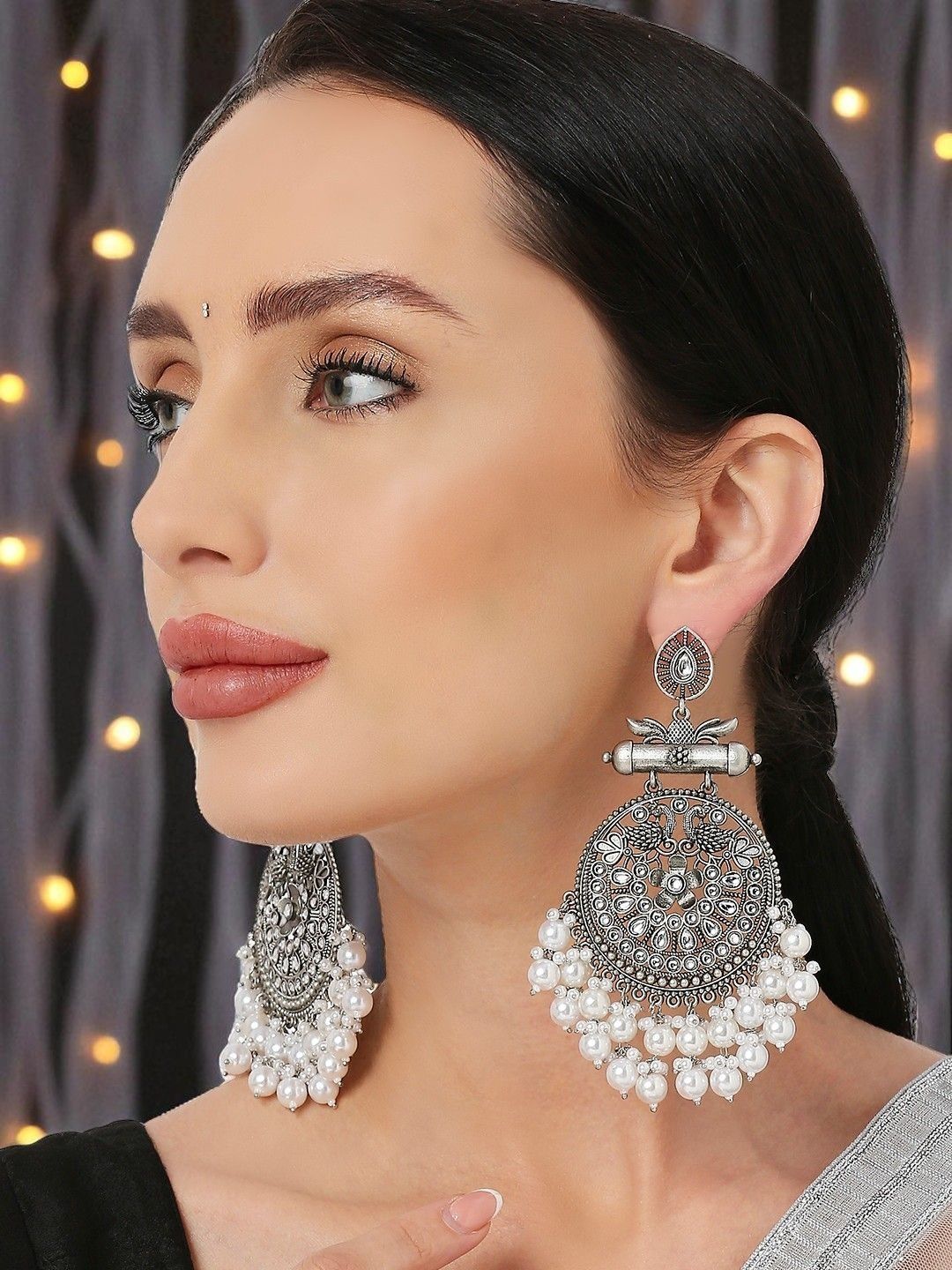 fabula Silver Kundan And Pearls Stones Studded And Beaded Peacock Shaped Drop Earrings-picture-25