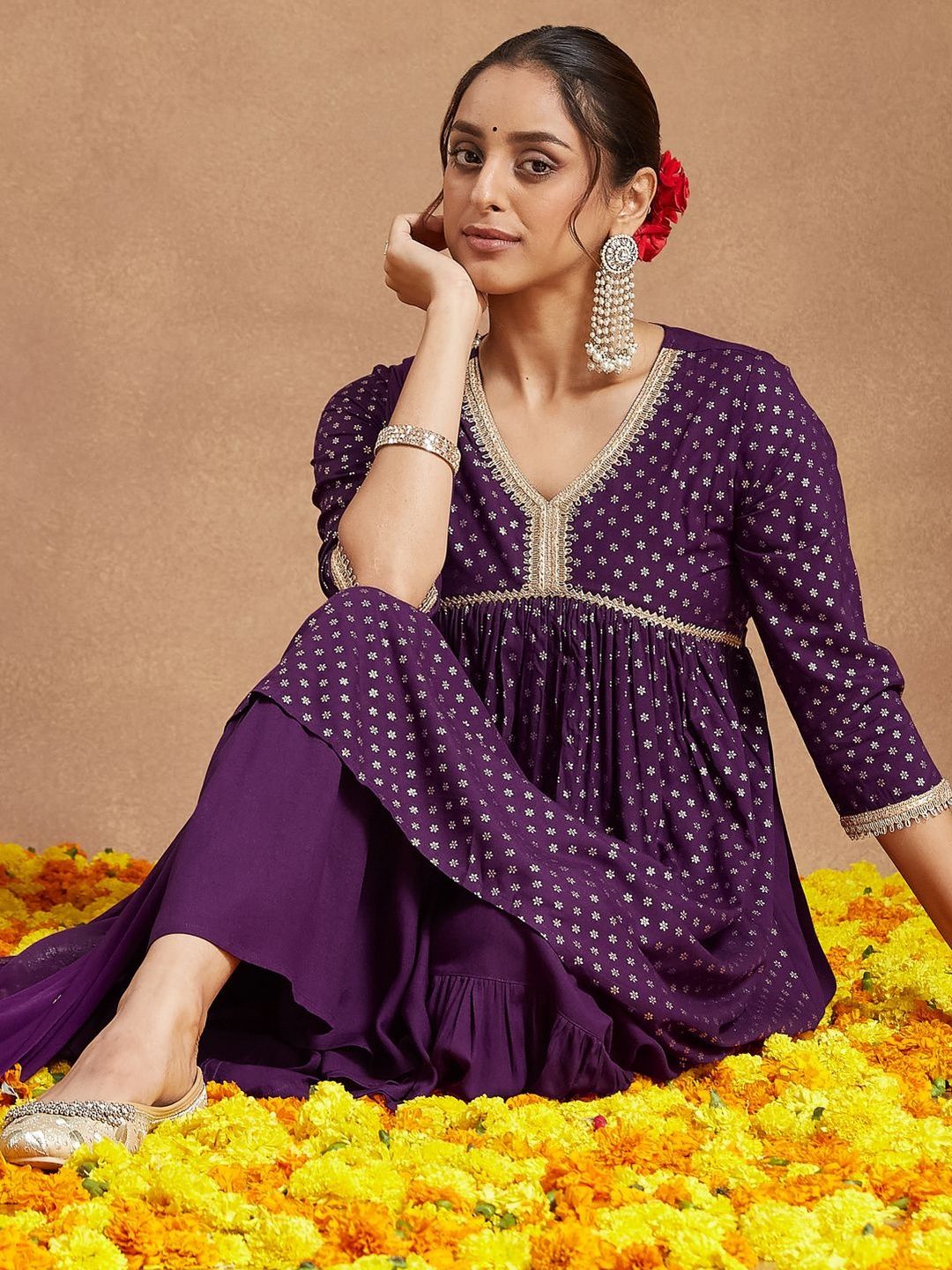 Janasya Women Ethnic Motifs Printed A-line Empire Kurta with Sharara & Dupatta-picture-30
