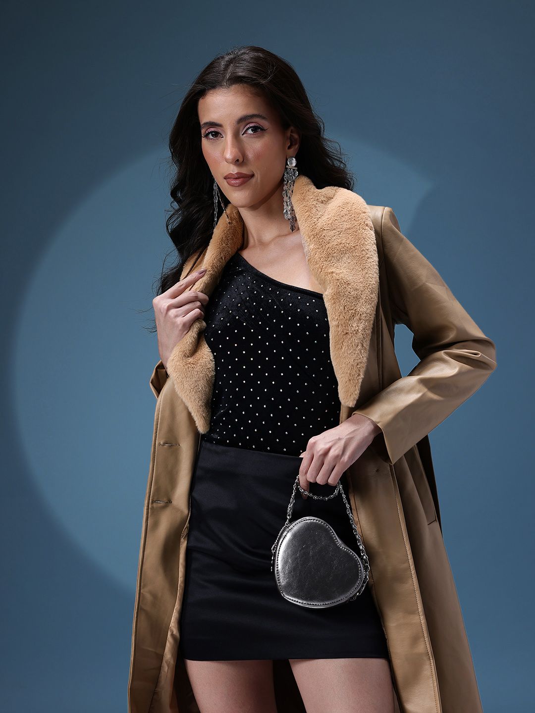 bebe PU Longline Coat With Detachable Faux Fur Collar & Belt-picture-38