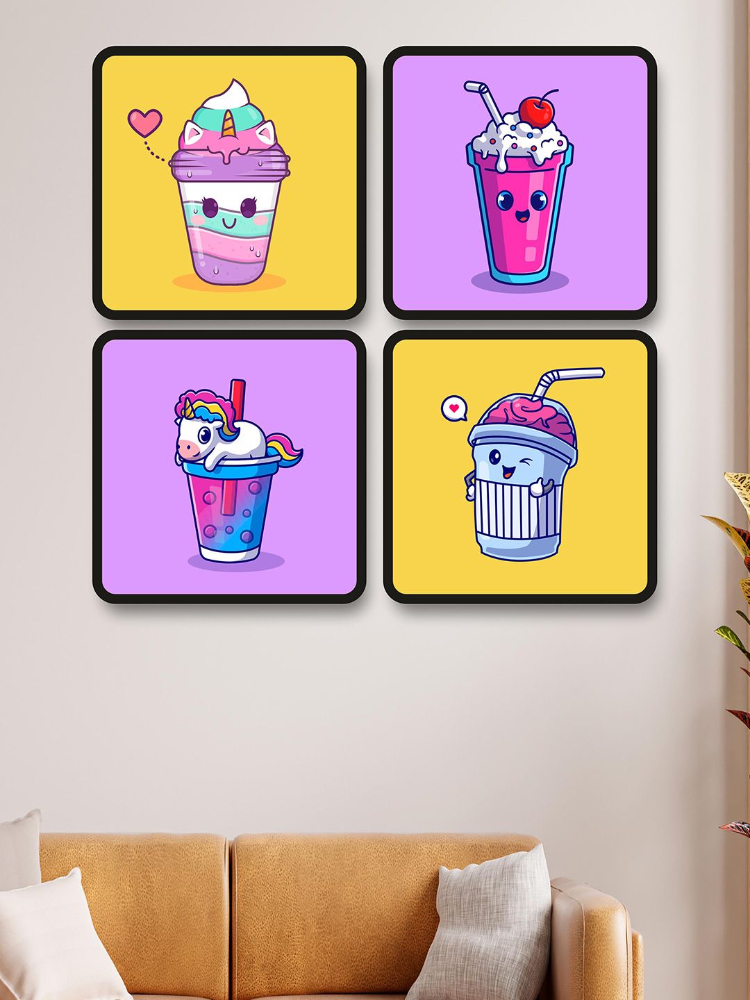 SAF Purple & Yellow 4 Pieces Ice cream Painting Wall Arts-picture-31