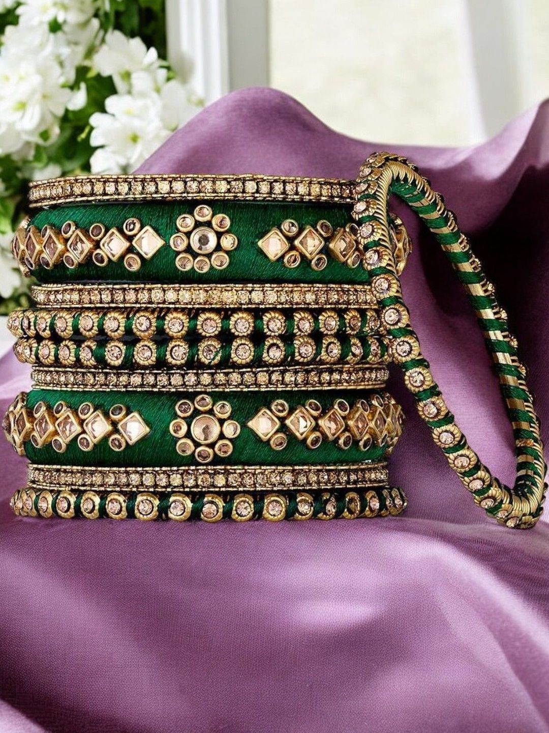 fabula Set Of 10 Silk Thread & Kundan Stone Studded Bridal Chuda Bangles-picture-27