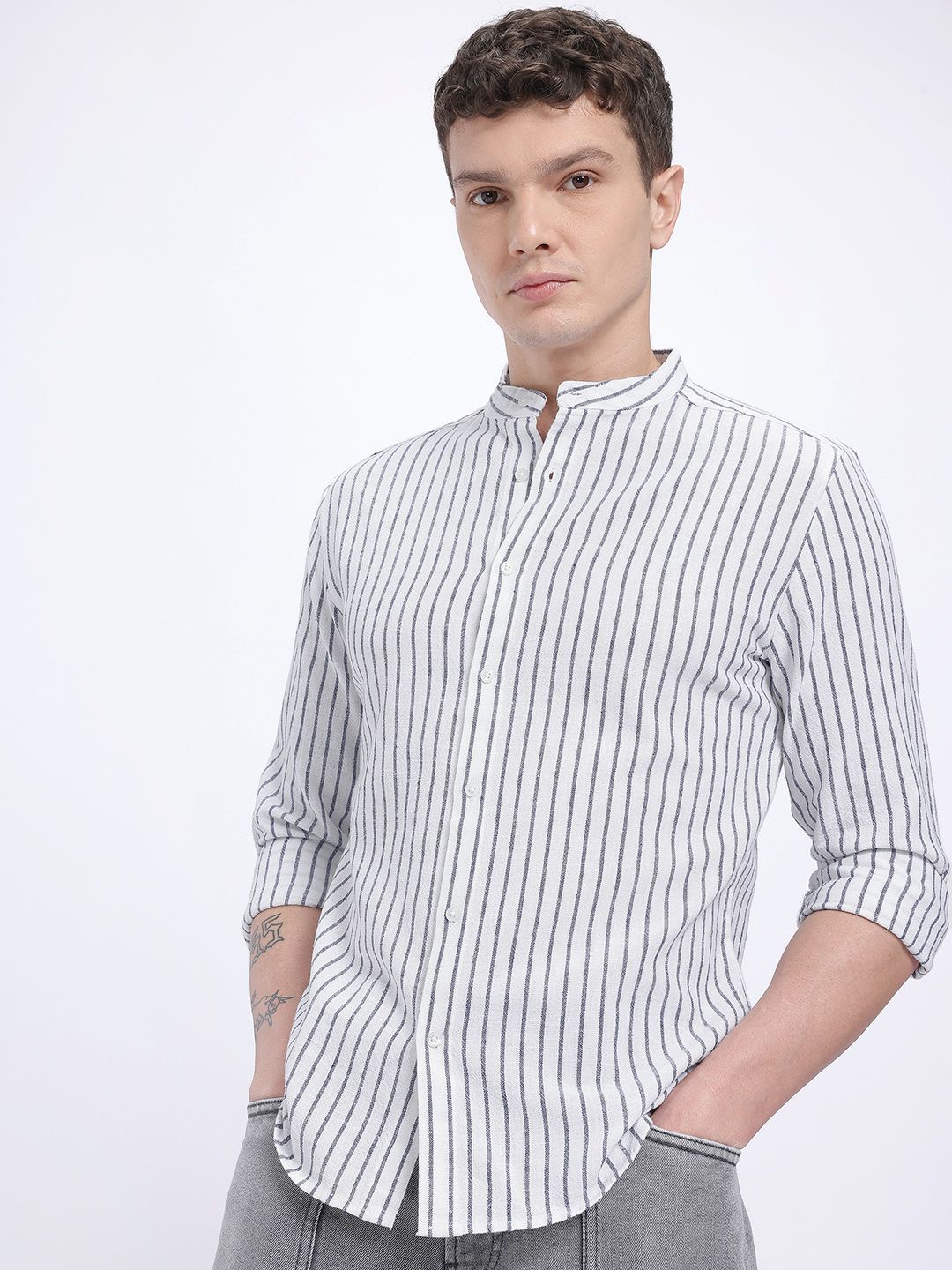 glitchez Striped Cotton Linen Band Collar Slim Fit Shirt-picture-30