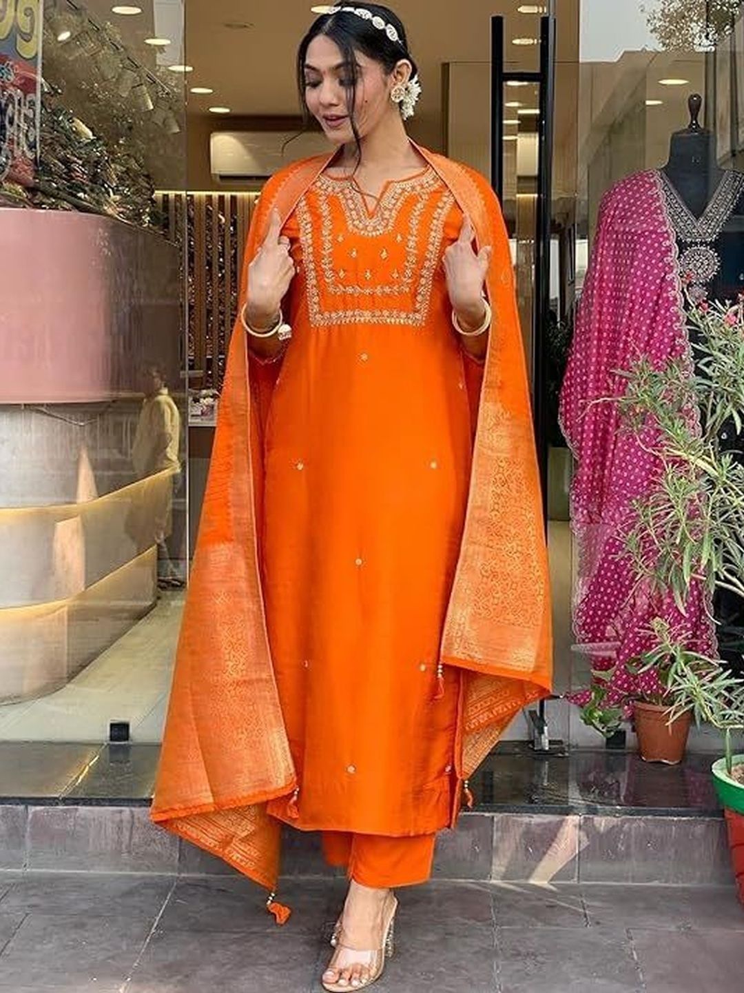 Moda Rapido Women Orange Embroidered Poly Silk Kurta Sets-picture-35
