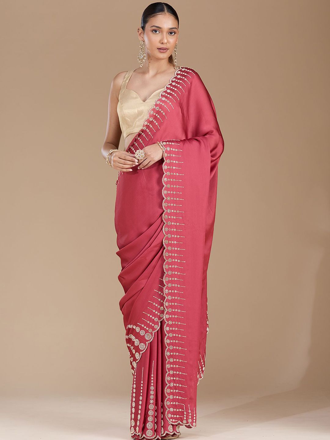 Koskii Women Stonework Onion Pink Chiffon Saree With Unstitched Blouse-picture-32