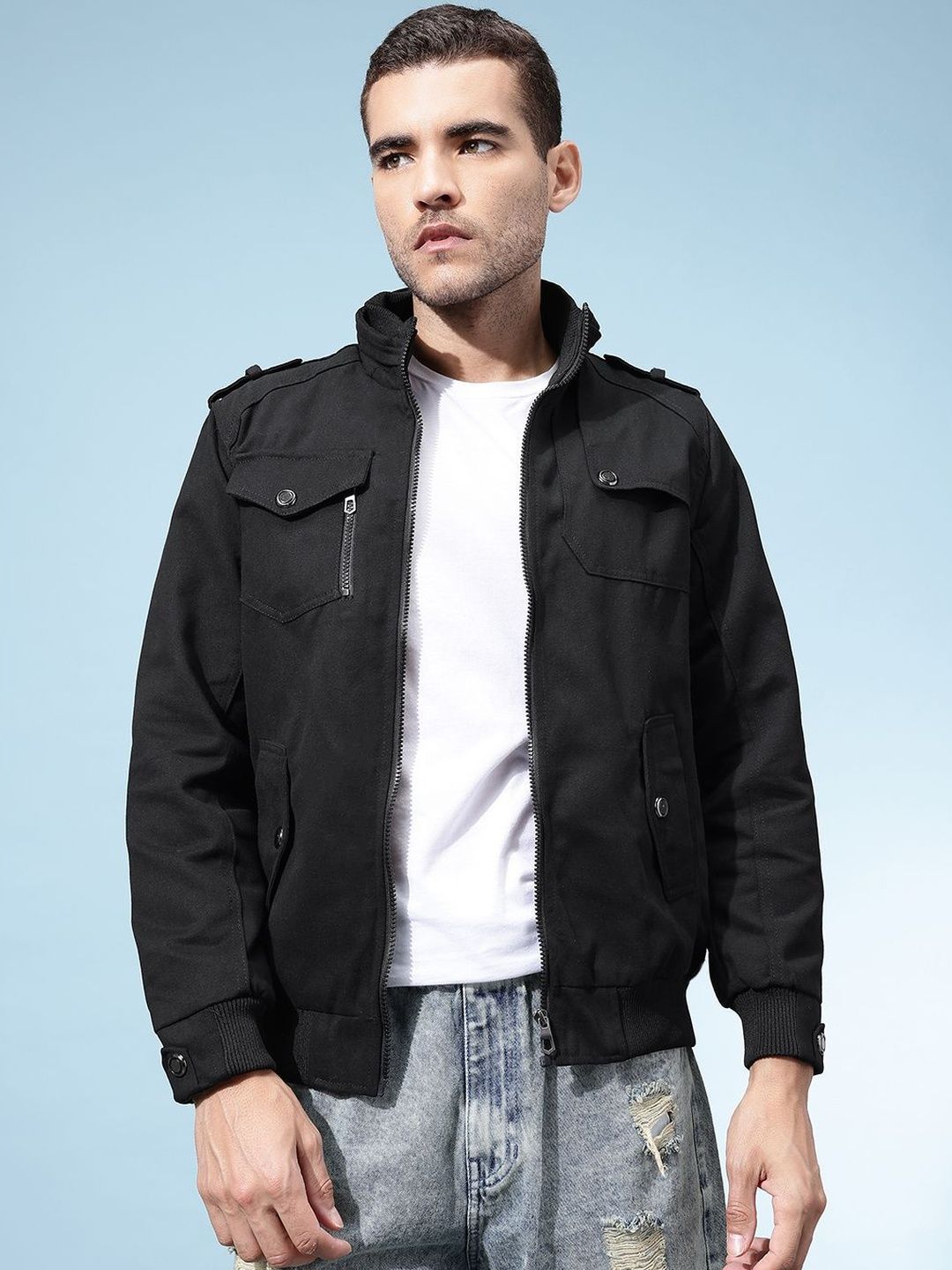 HERE&NOW Men Stand Collar Denim Jacket-picture-40