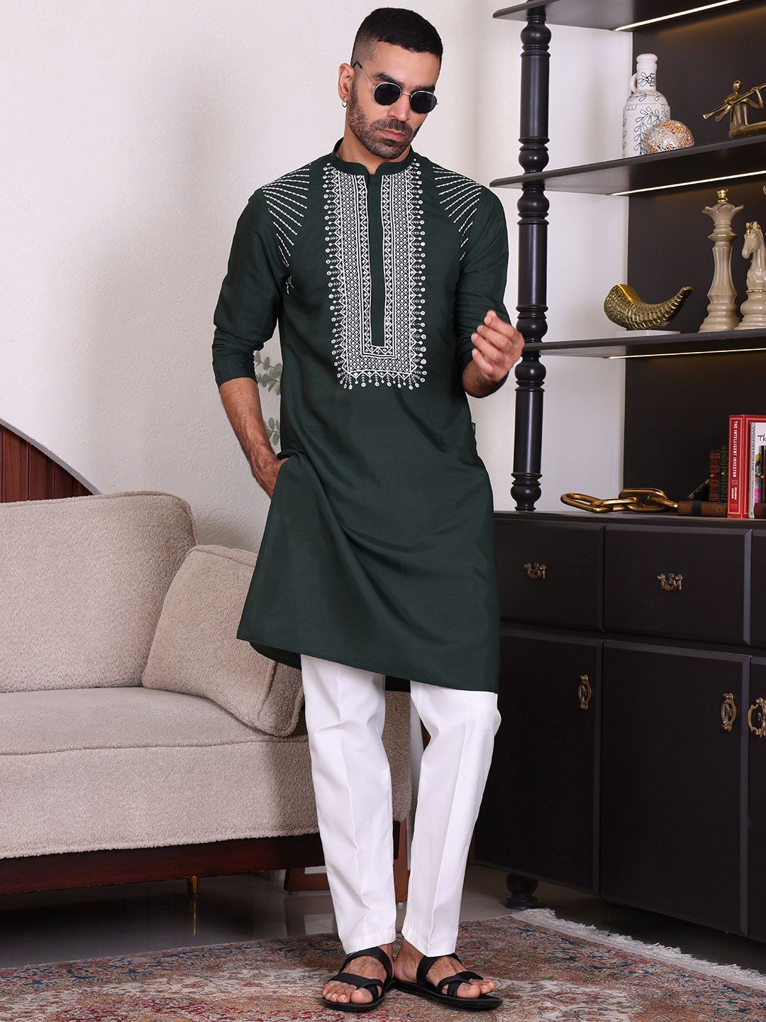 ManQ Men Ethnic Sequinned Embroidered Kurta-picture-46