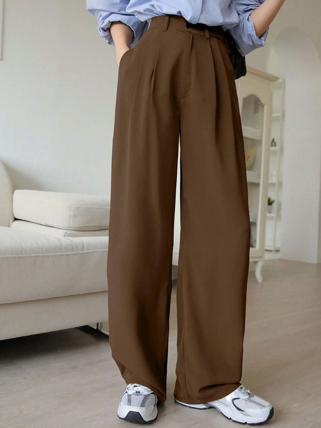 FNOCKS Women Relaxed Straight Leg Straight Fit High-Rise Pleated Parallel Trousers-picture-25