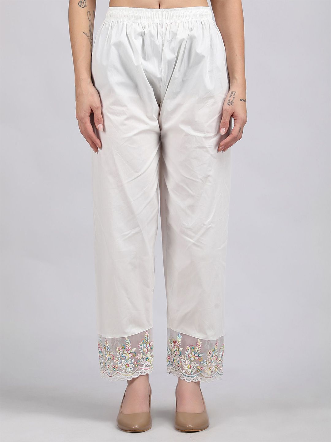 MICHAEL KOVLIN Chikankari Embroidered Cotton Mid-Rise Wide Leg Trousers With Drawstring-picture-26
