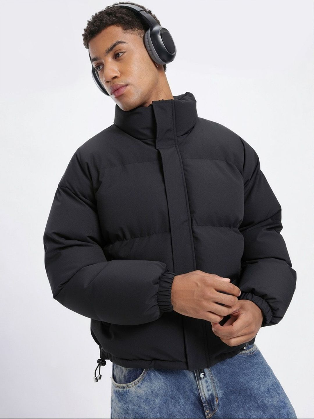 HERE&NOW Men Black Polyester Solid Mock Collar Open Front Jacket-picture-15