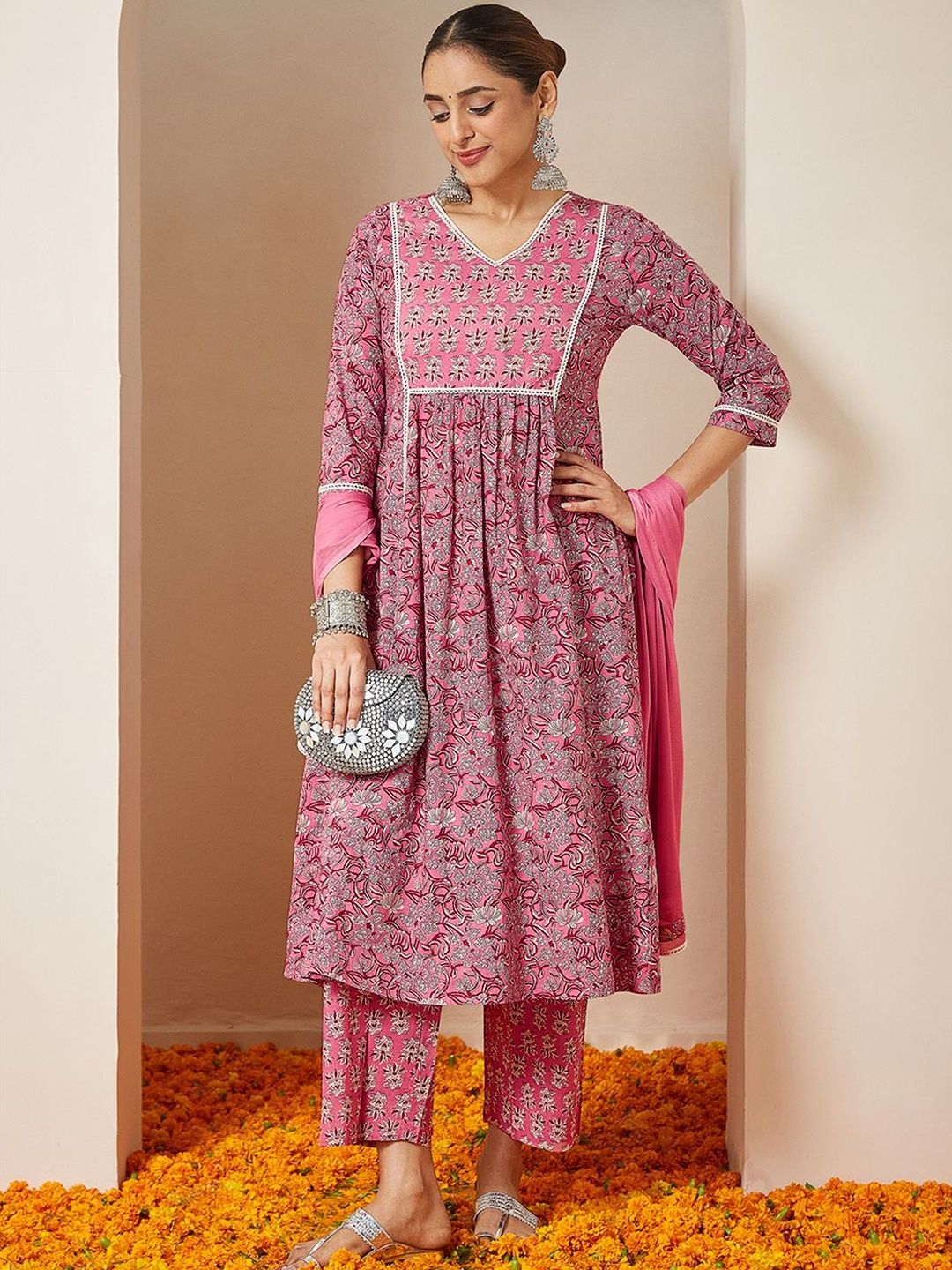 Janasya Women Floral Printed Pleated Pure Cotton Kurti with Trousers & With Dupatta-picture-11