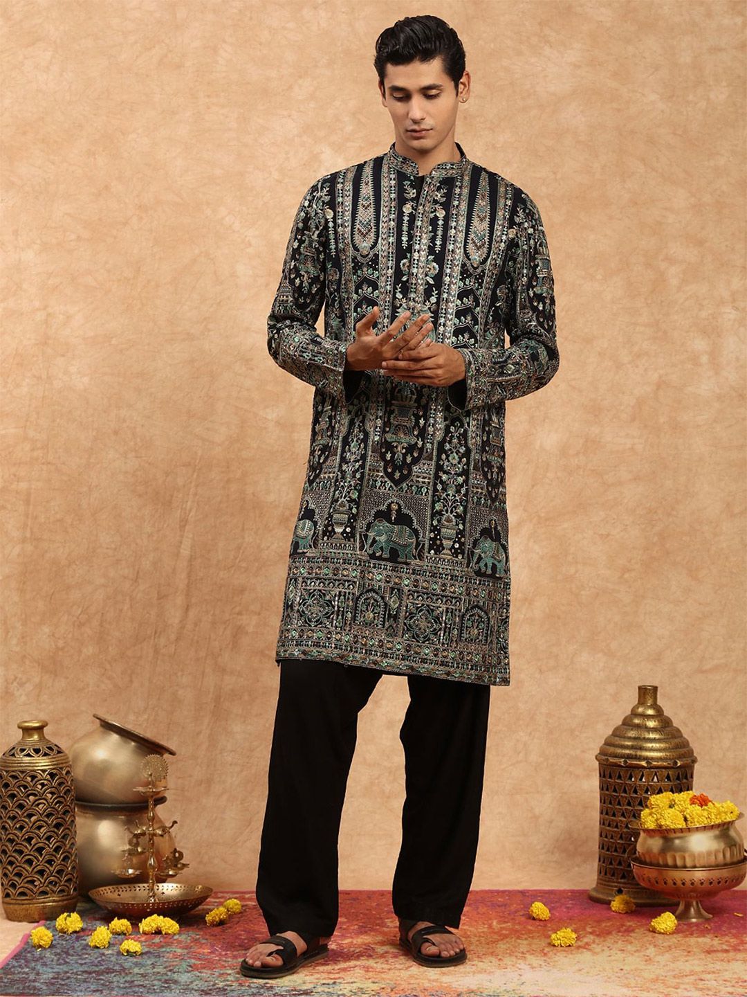 SOURAGYA Men Ethnic Motifs Embroidered Sequinned Asymmetric Georgette Kurta-picture-38