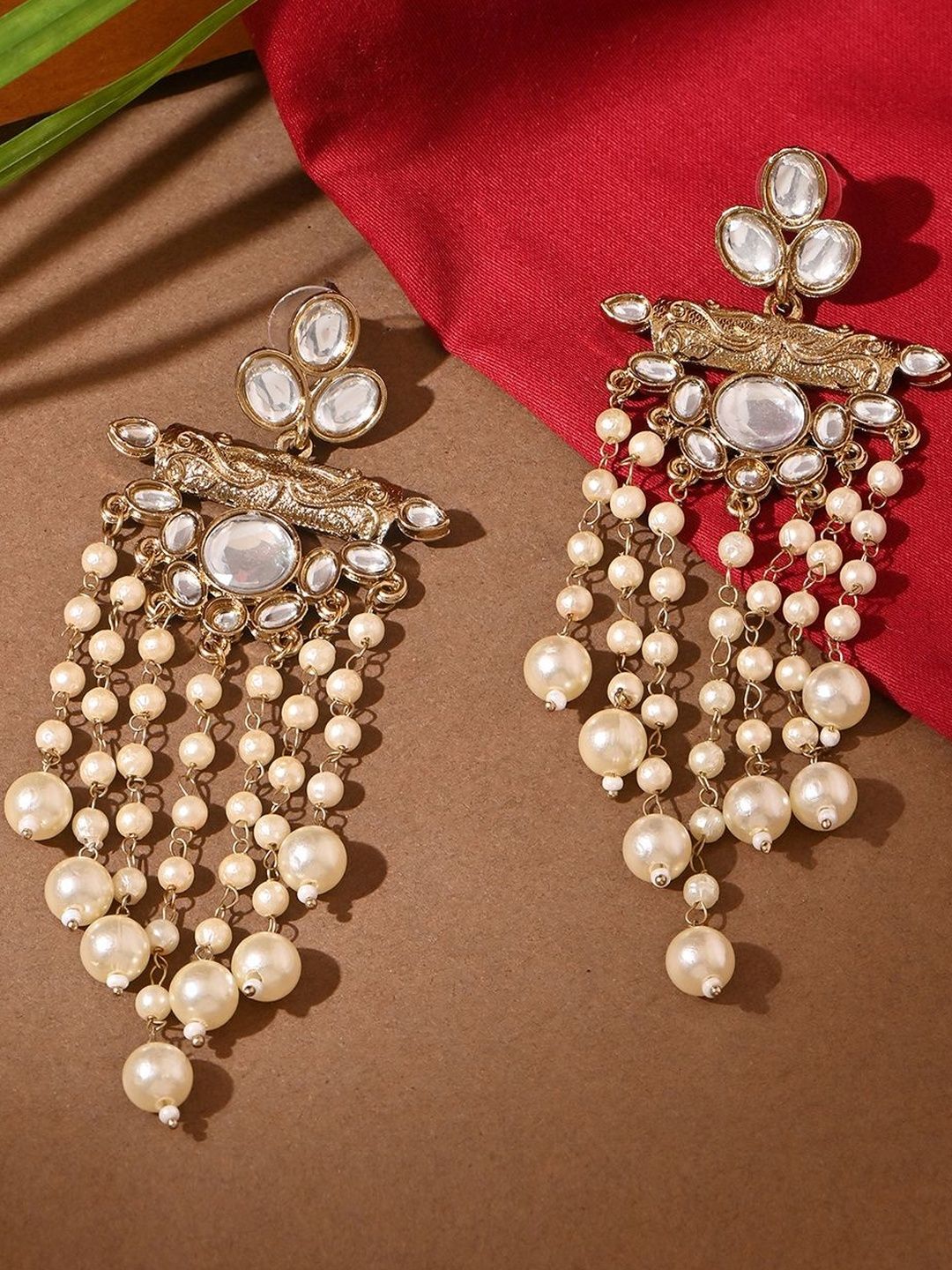 Fida Gold-Plated Kundan Studded And Beaded Tasseled Circular Shaped Drop Earrings-picture-37