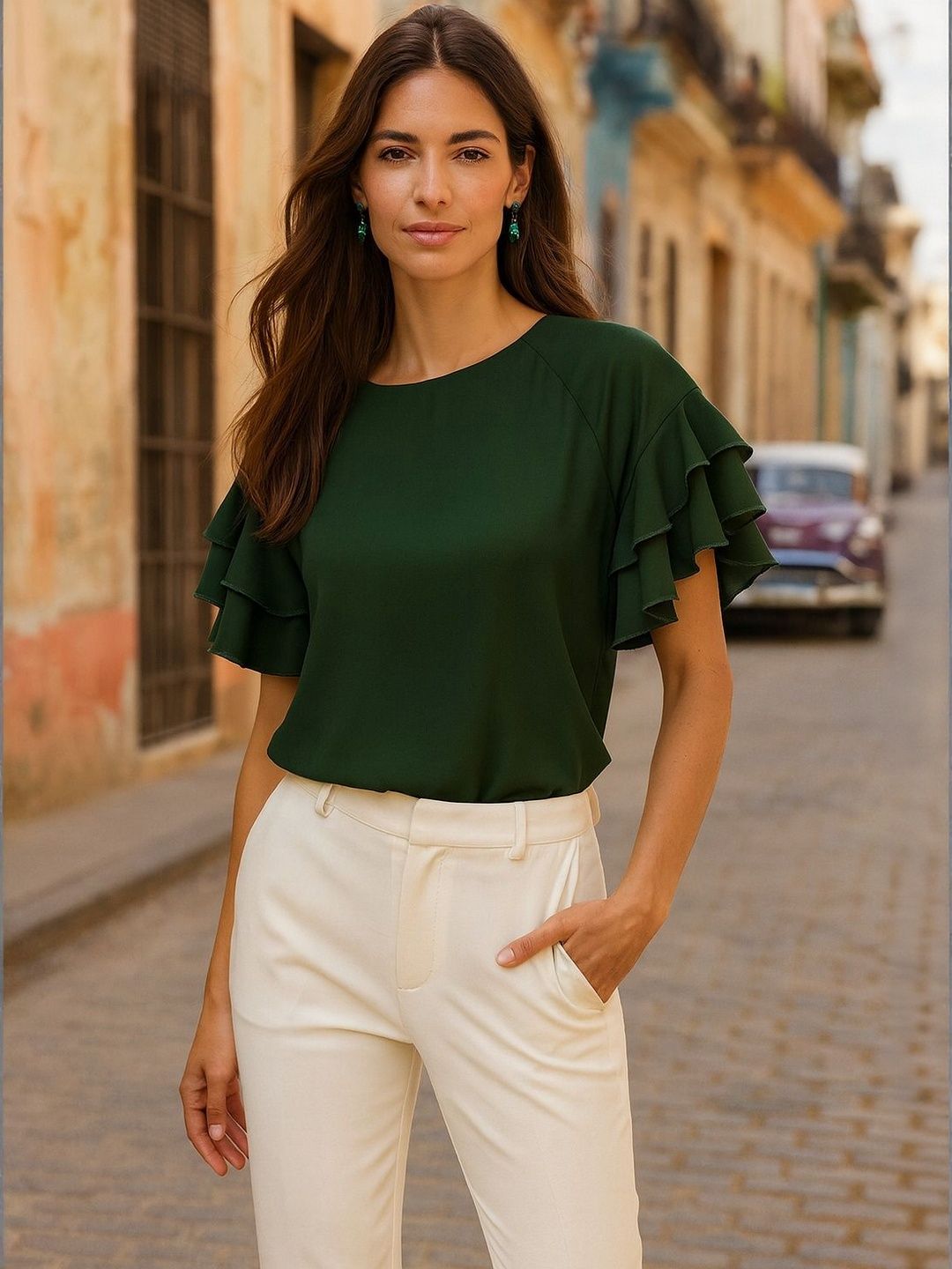 CORSICA Flutter Sleeve Ruffles Georgette Top-picture-15