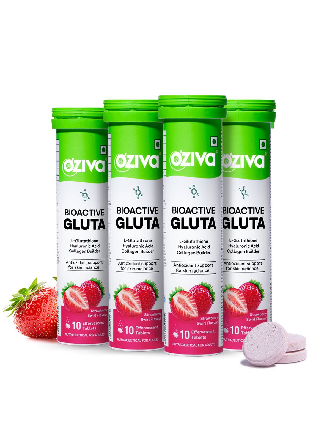 OZiva Set Of 4 Bioactive Gluta Fizzy Tablets- 10 Tablets Each- Strawberry