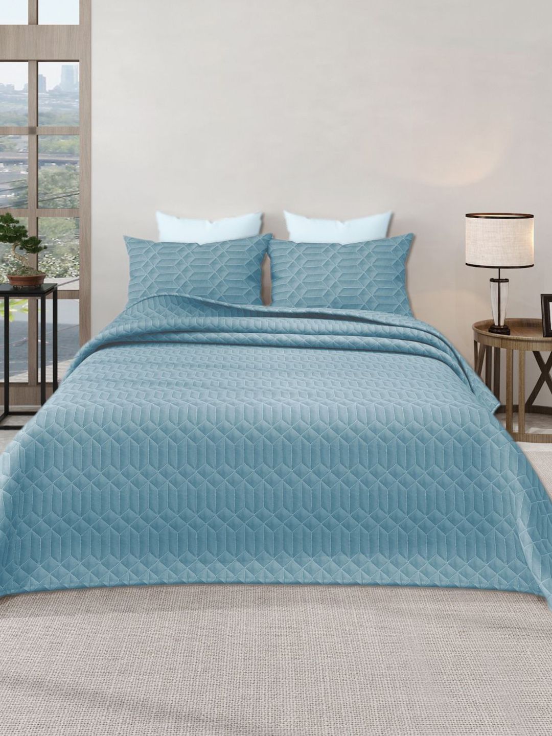 LABHAM Azure Blue Quilted 300 GSM Double King Bed Covers With 2 Pillow Covers-picture-14