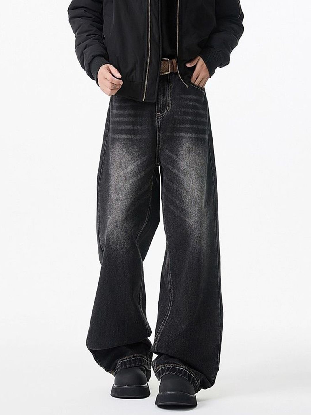 StyleCast x Revolte Men Wide Leg Mid-Rise Light Fade Jeans