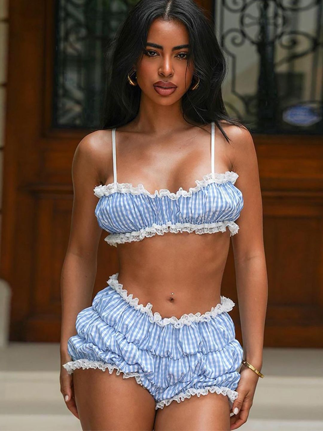 StyleCast Women Checked Sleeveless Shoulder Straps Top With Shorts Co-Ords-picture-41