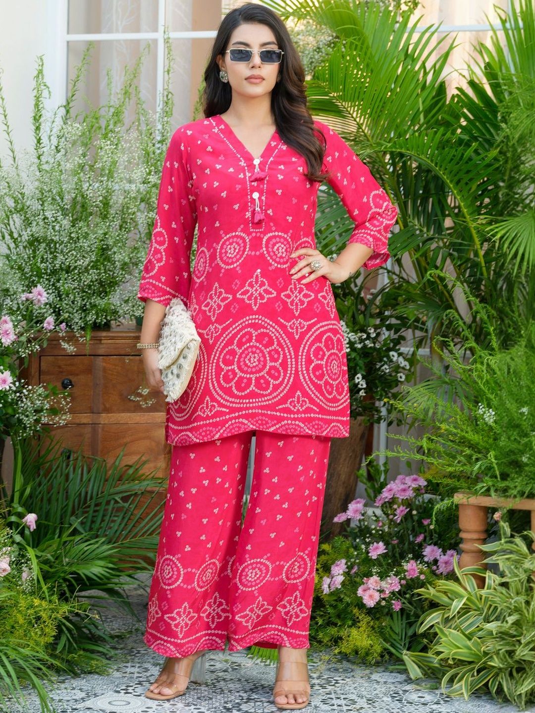 Sangria Women Pink Natural Crepe Printed Kurta with Palazzo Co-ord Set-picture-38
