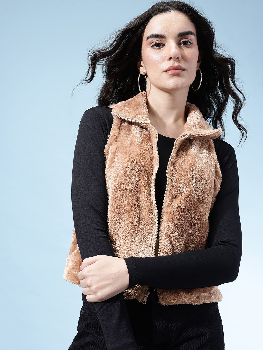 glitchez Faux Fur Trim Mock Collar Crop Gilet Jacket-picture-19