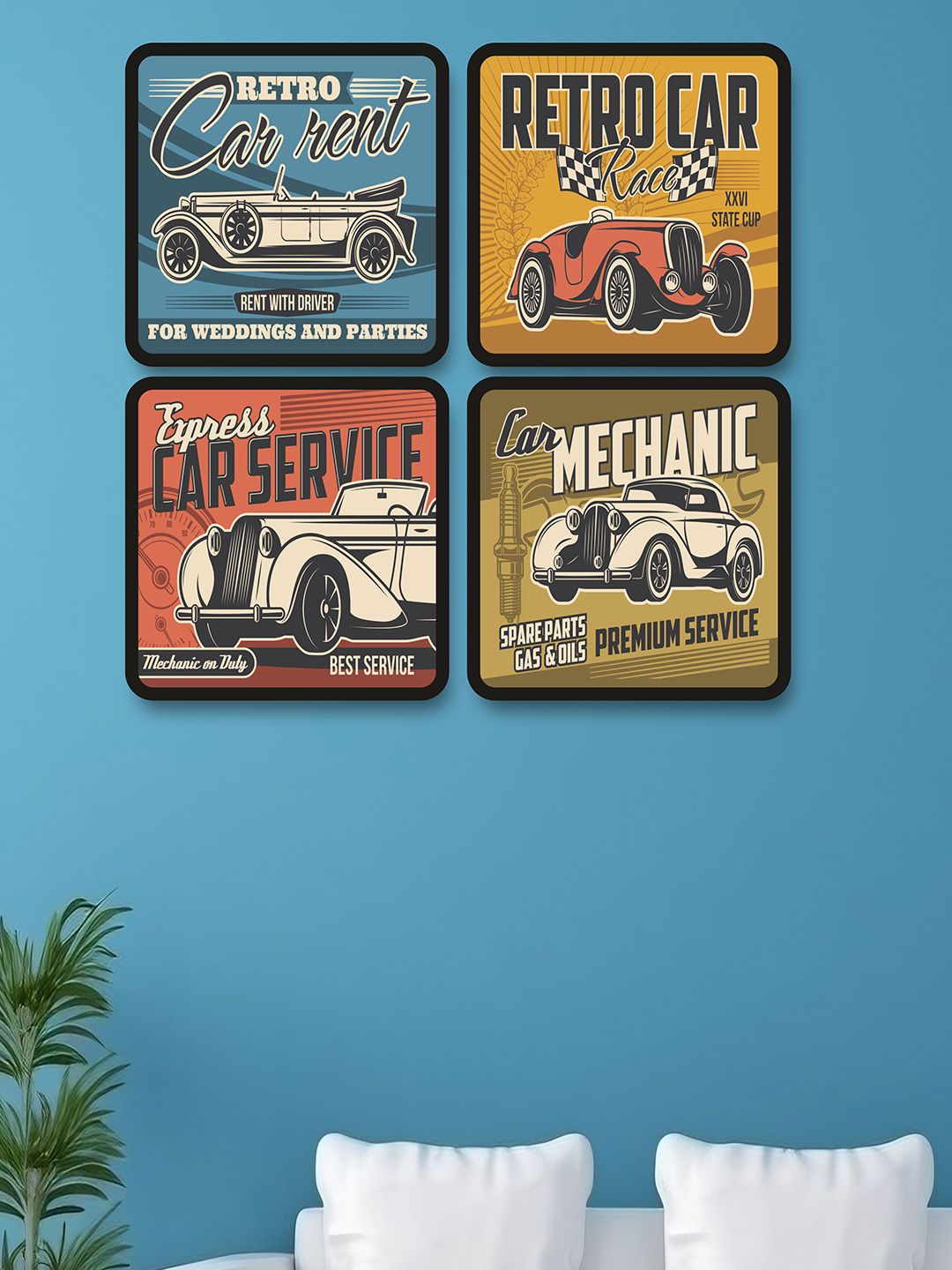SAF Blue & Brown 4-Pieces Vintage Car Printed Framed Wall Art-picture-27