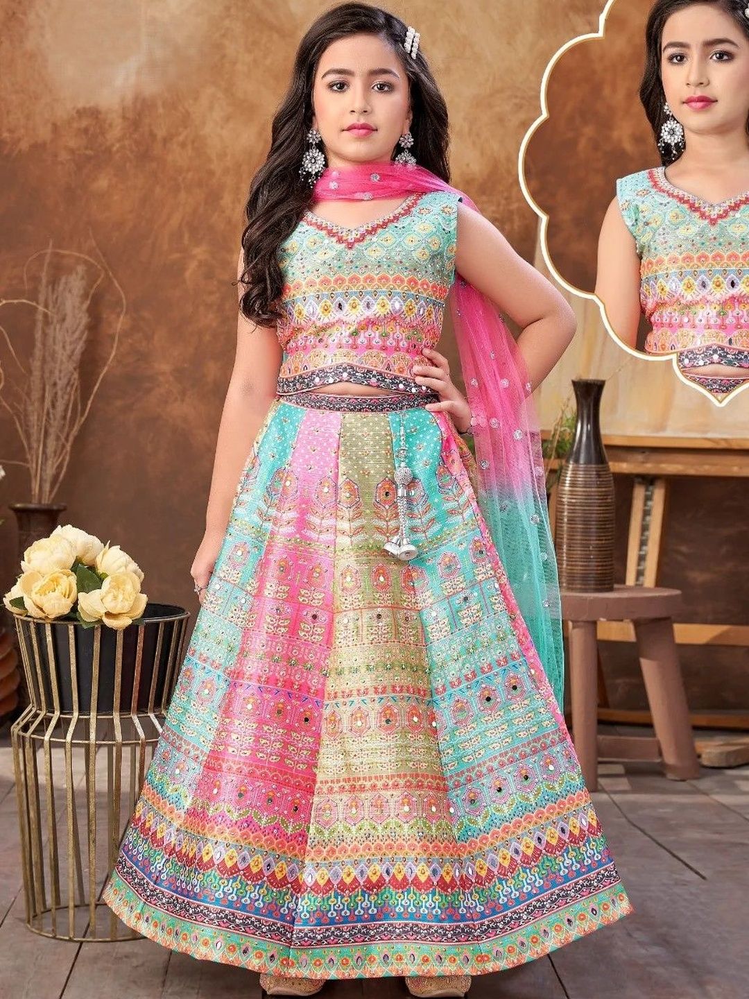 KL9KIDS Girls Multi Art Silk Printed Ready to Wear Lehenga Choli-image-40