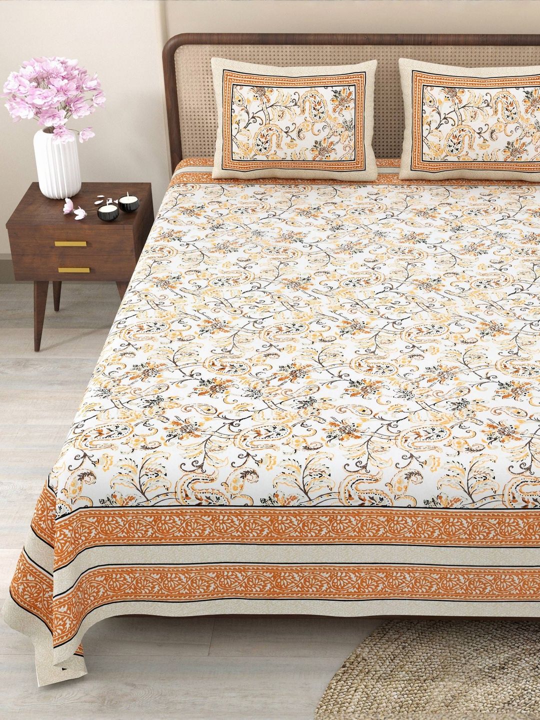 Myntra Elegant Homes Orange & White Floral 180 TC King Bedsheet with 2 Pillow Covers-picture-38