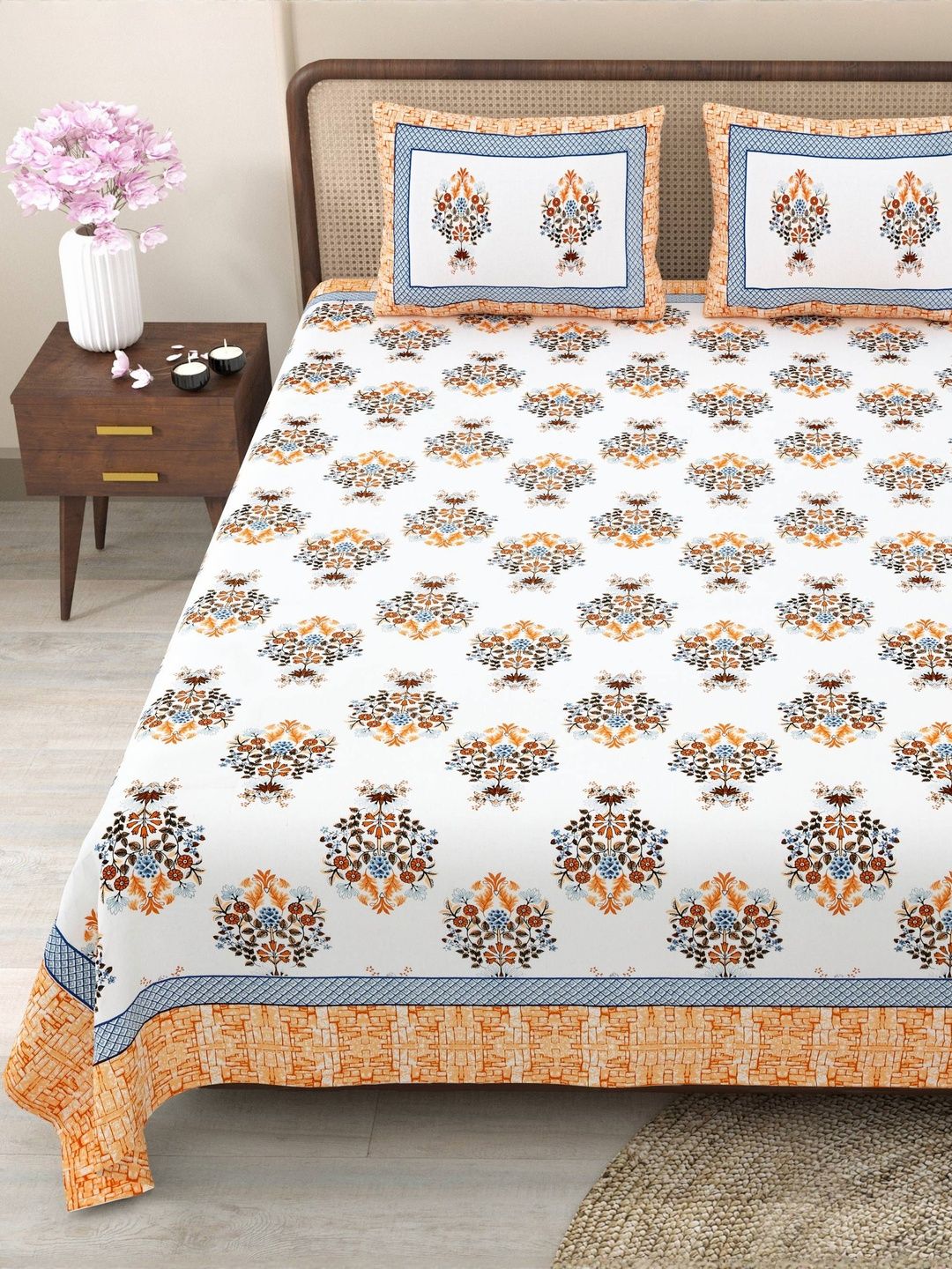 Myntra Elegant Homes Orange & Blue Floral 180 TC King Bedsheet with 2 Pillow Covers-picture-35