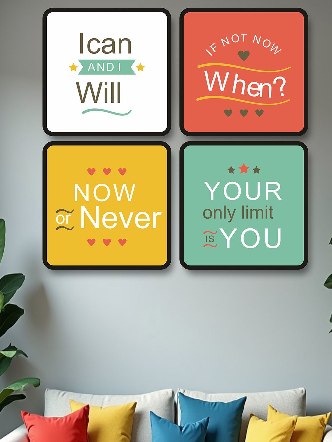 SAF Yellow & Green 4-Pieces Motivational Quotes Printed Framed Wall Art-picture-41
