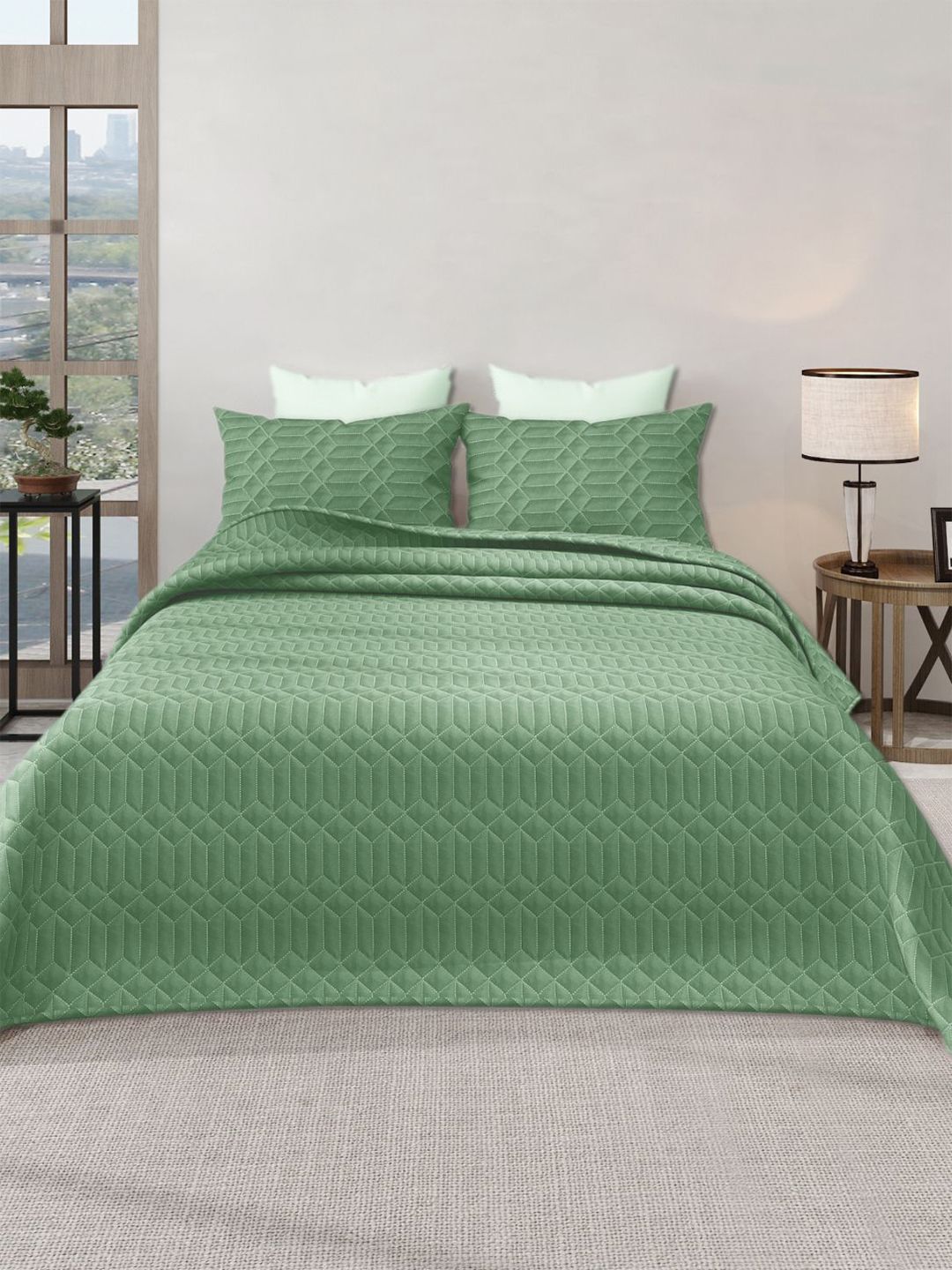 LABHAM Azure Green Quilted 300 GSM Double King Bed Covers With 2 Pillow Covers-picture-11