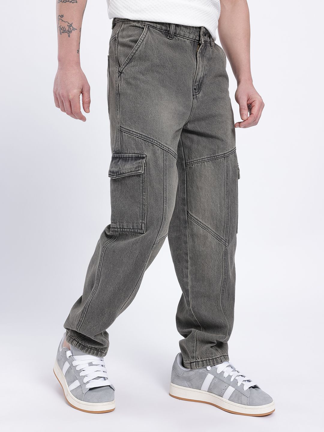 glitchez Men Mid-Rise Relaxed Fit Light Fade Cargo Style Jeans-picture-16