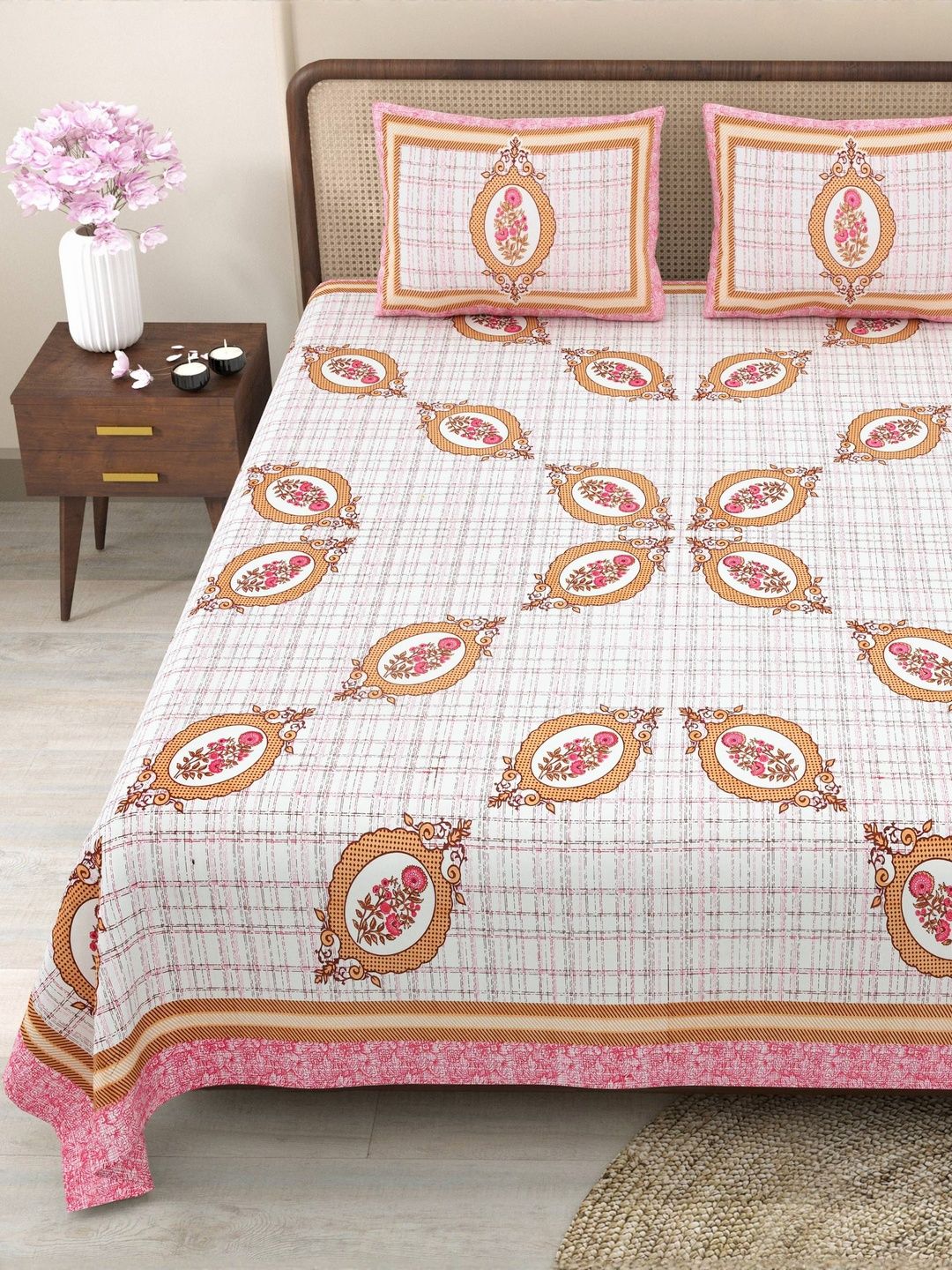 Myntra Elegant Homes Orange & Pink Floral 180 TC King Bedsheet with 2 Pillow Covers-picture-34