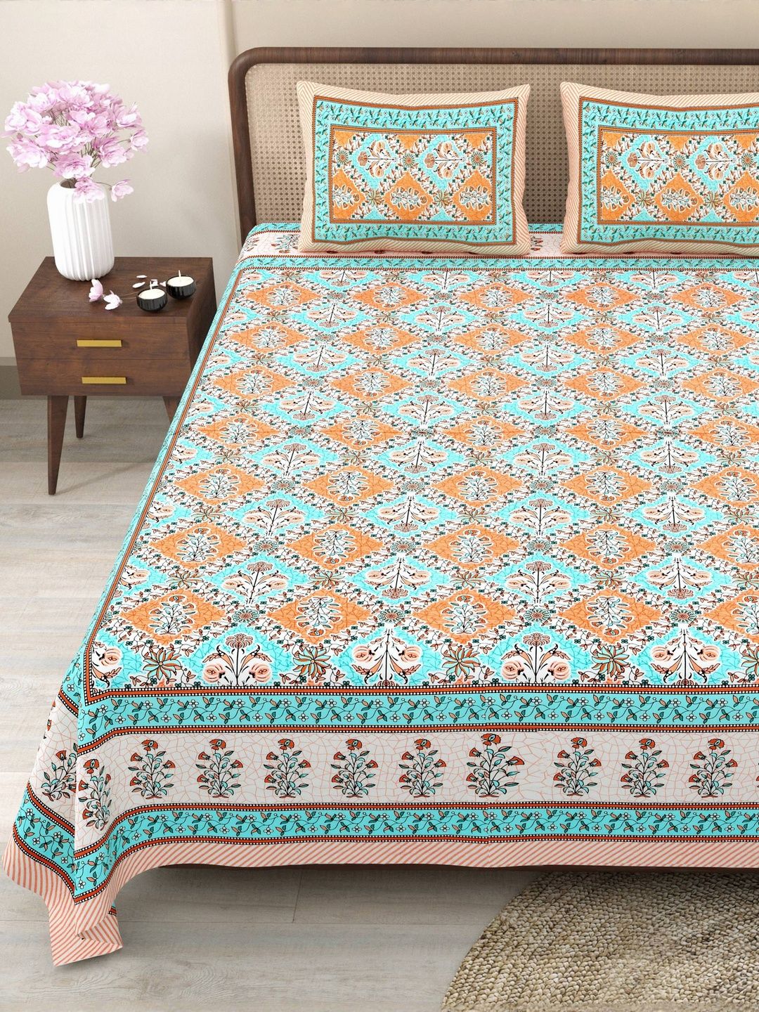 Myntra Elegant Homes Orange & Green Floral 180 TC King Bedsheet with 2 Pillow Covers-picture-33