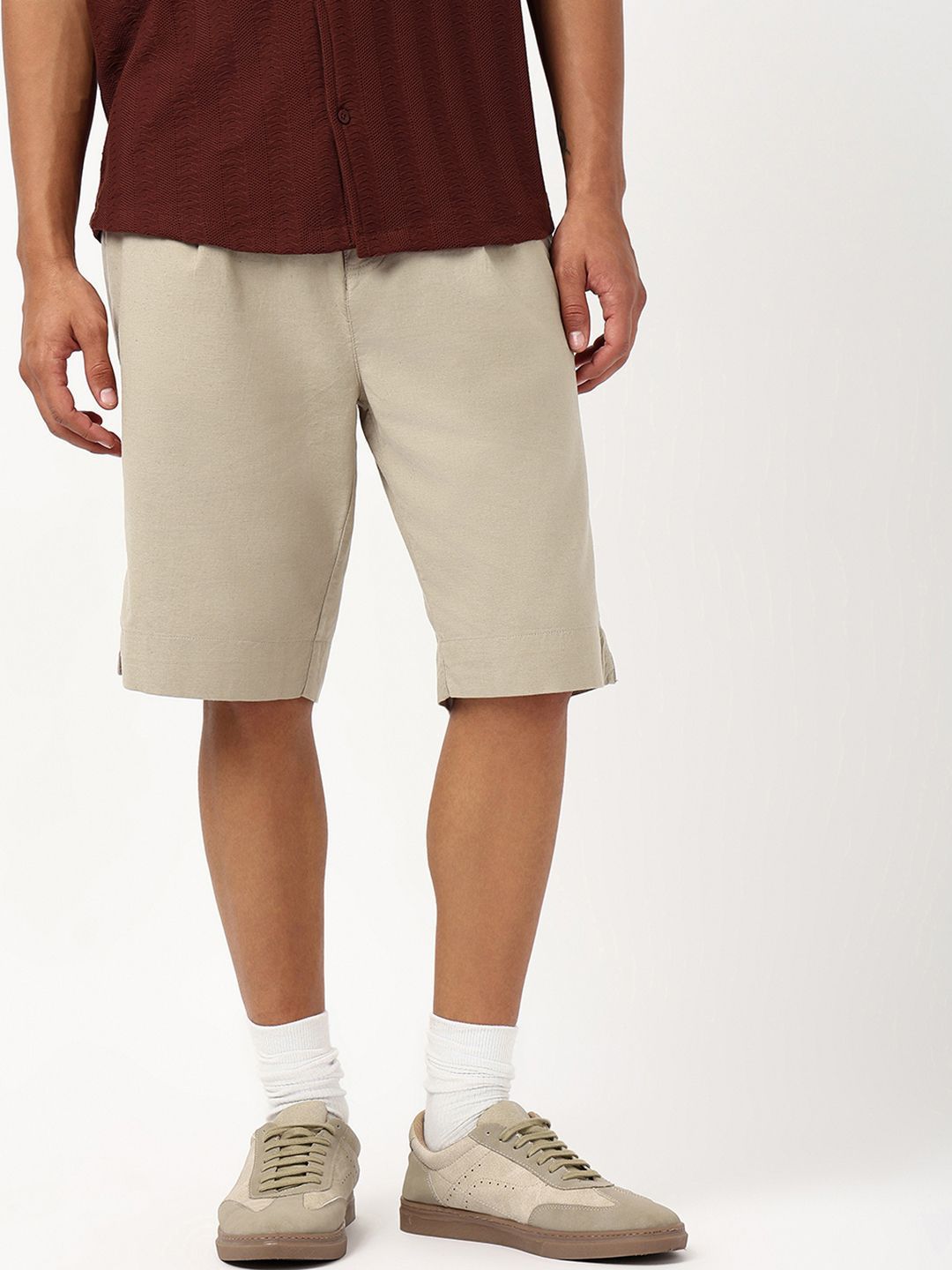 Bewakoof Men Khaki Brown Oversized Cotton Linen Shorts-picture-28