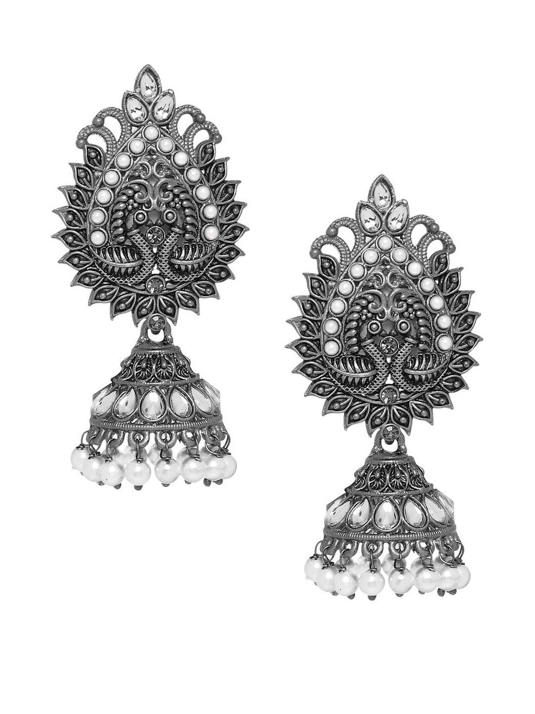 fabula Kundan Studded And Stone Beaded Dome Shaped Oxidised Jhumkas-picture-24